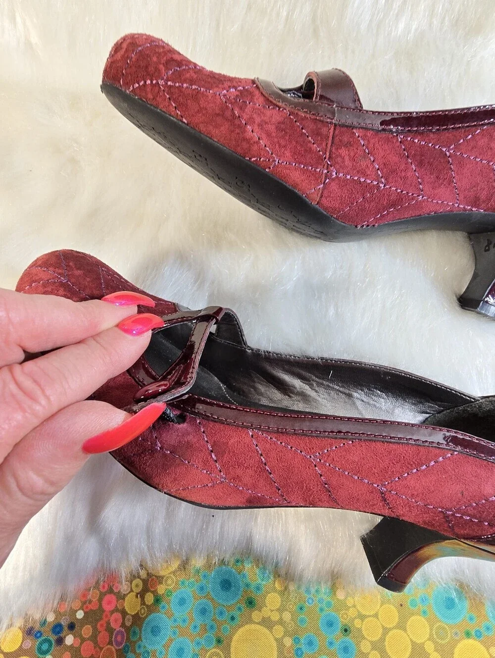 Franco Sarto Burgundy Suede & Patent Mary Jane Kitten Heels  Dress Pumps